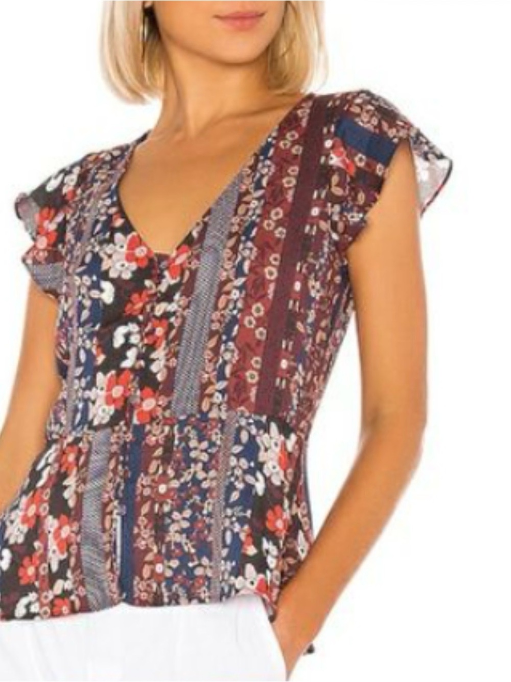 Sanctuary Floral Patchwork V-Neck Flutter Sleeve Top - Navy & Burgundy